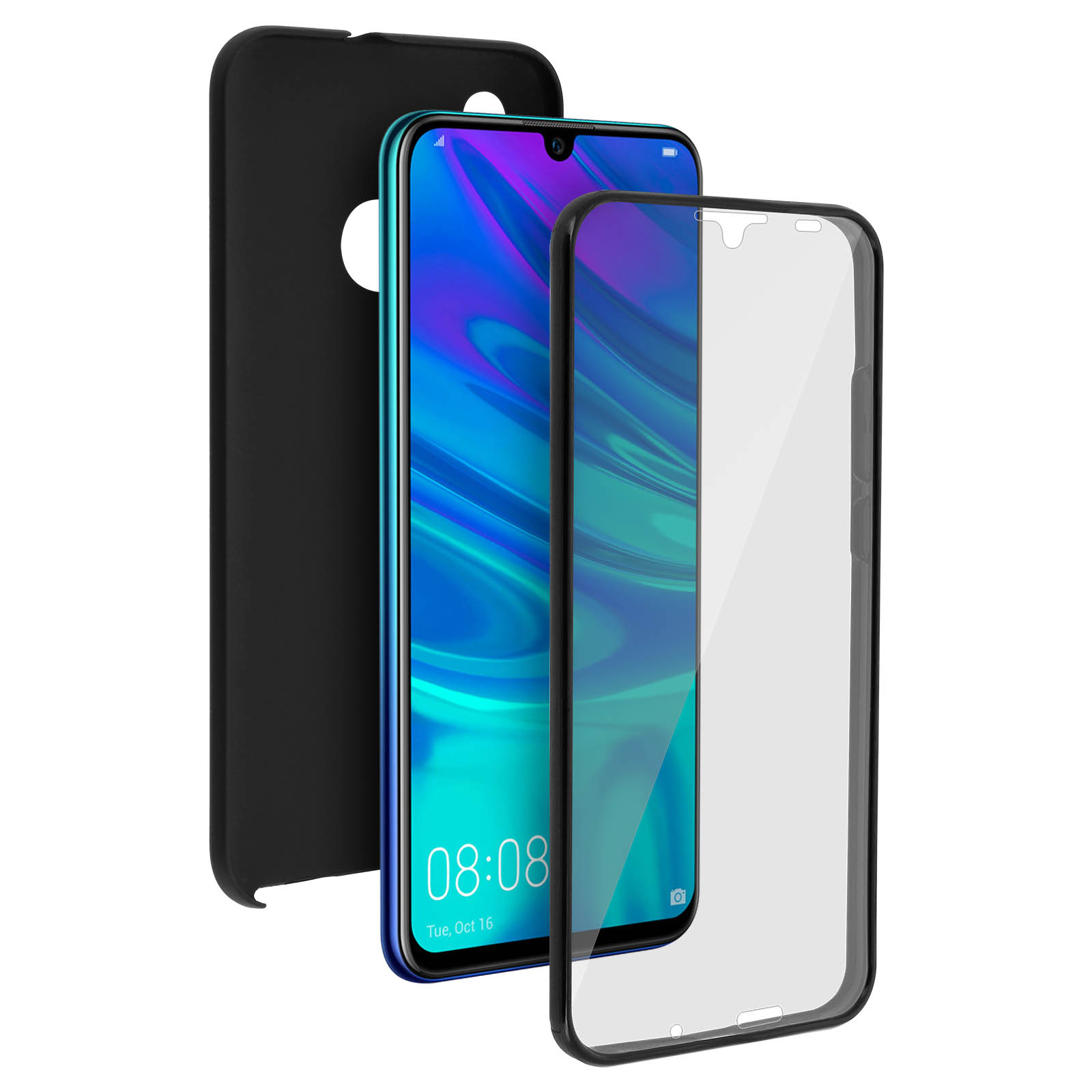 Smartphone mit Hülle und Displayschutzfolie, einzelne Komponenten, weißer Hintergrund.