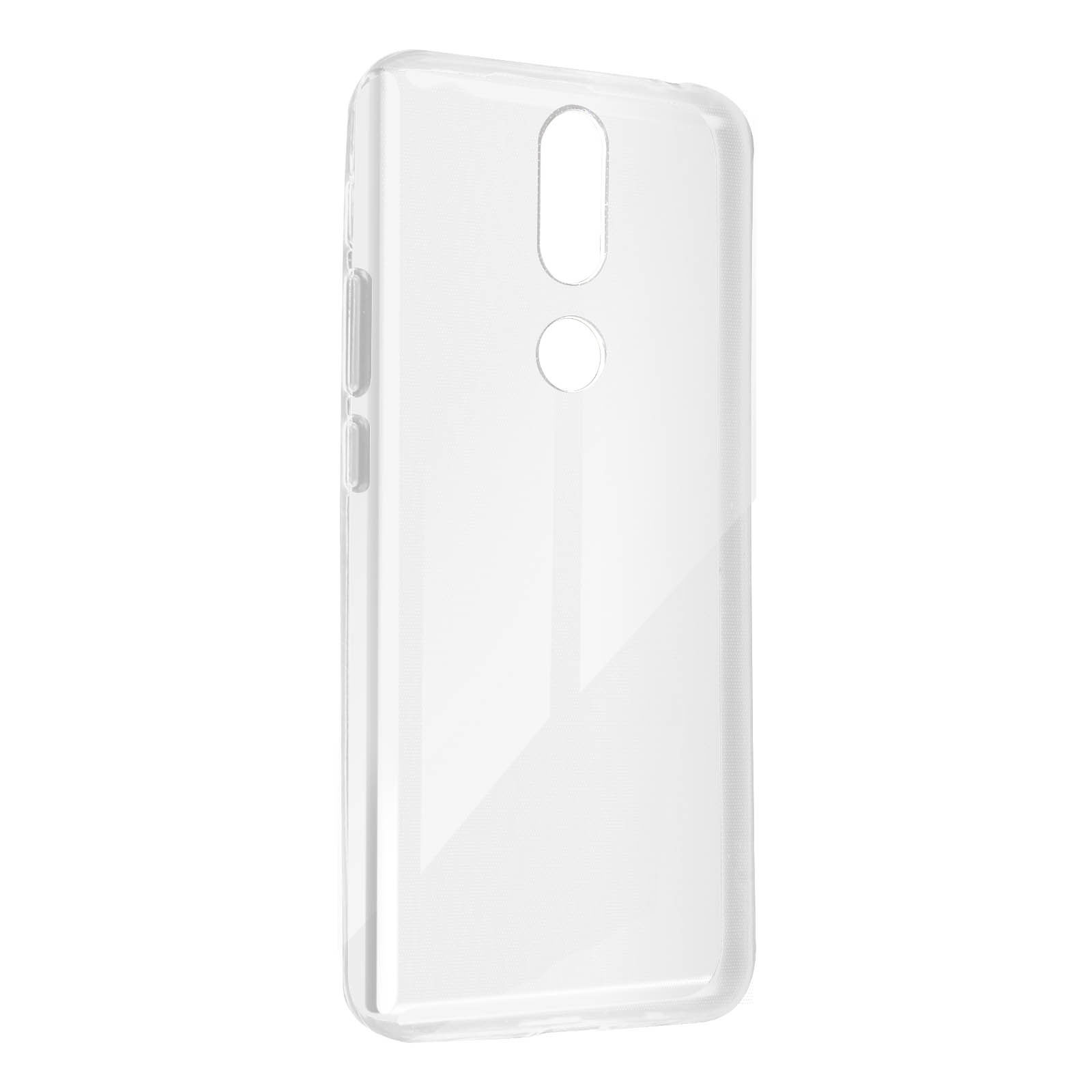 Custodia trasparente per telefono, con fori per fotocamera e pulsanti. La custodia è trasparente.