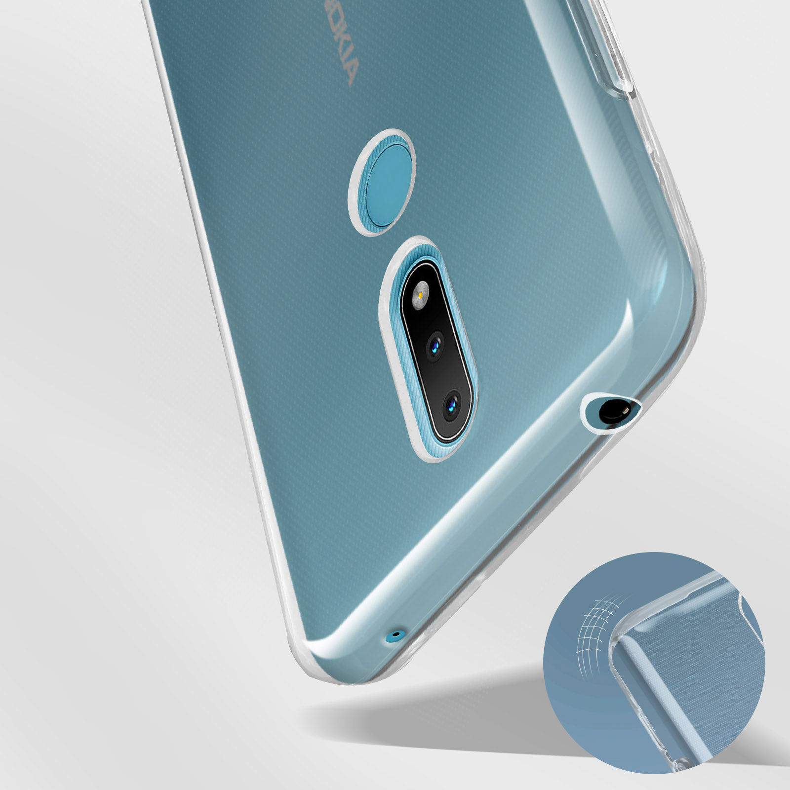 Una custodia per telefono con un dettaglio blu della fotocamera. La fotocamera è nell'angolo superiore.