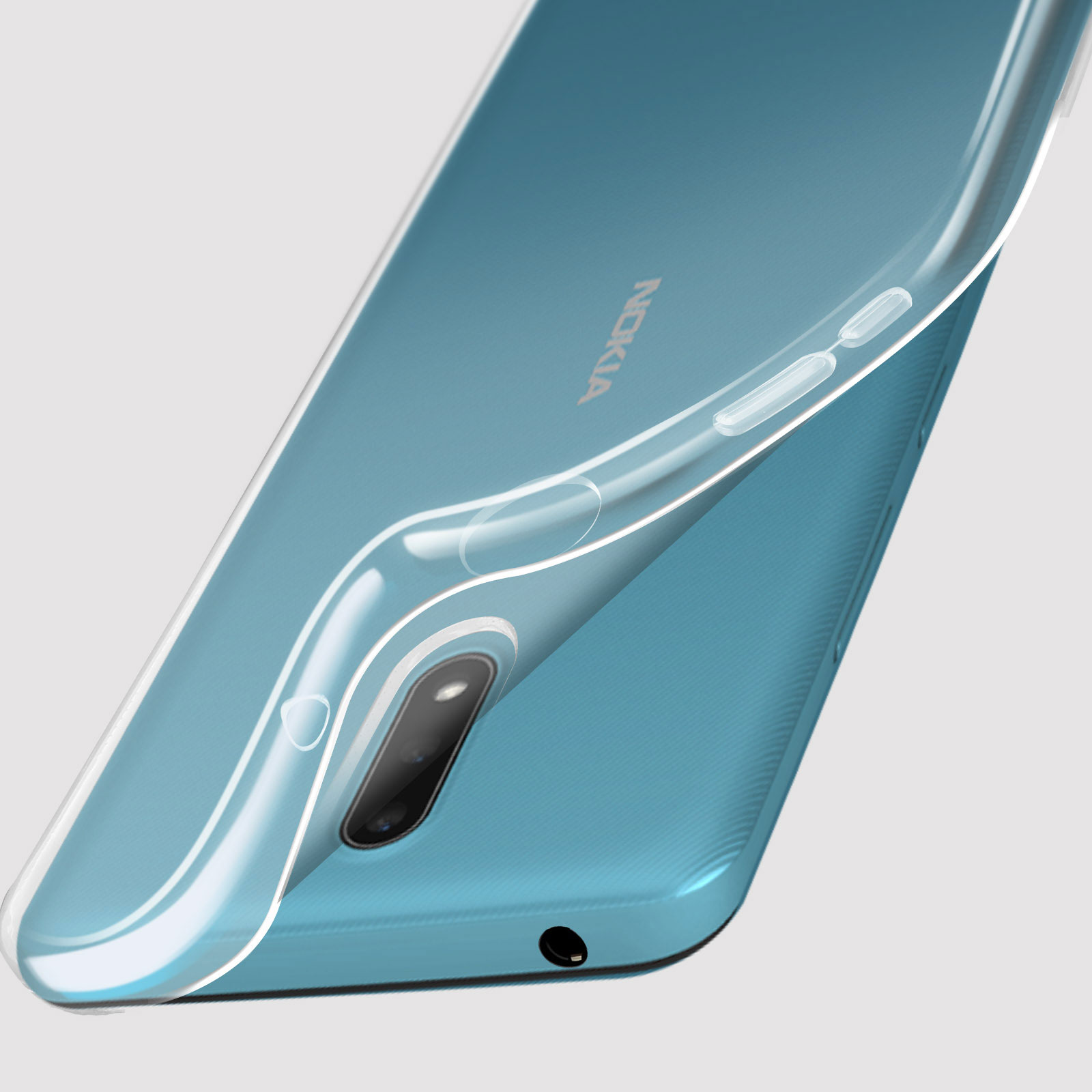 Primo piano di una parte posteriore blu del telefono con una custodia trasparente.