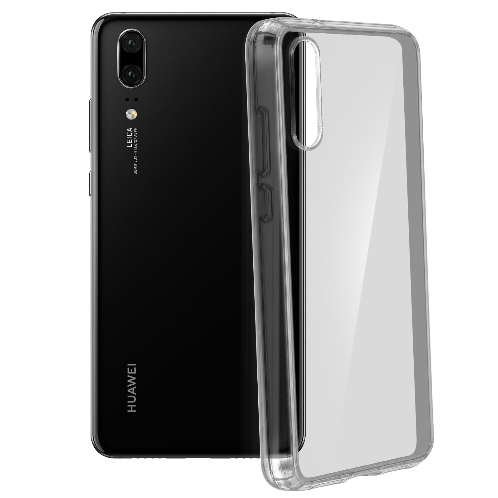 Un telefono nero con una custodia trasparente. Il retro ha il marchio Huawei e Leica.