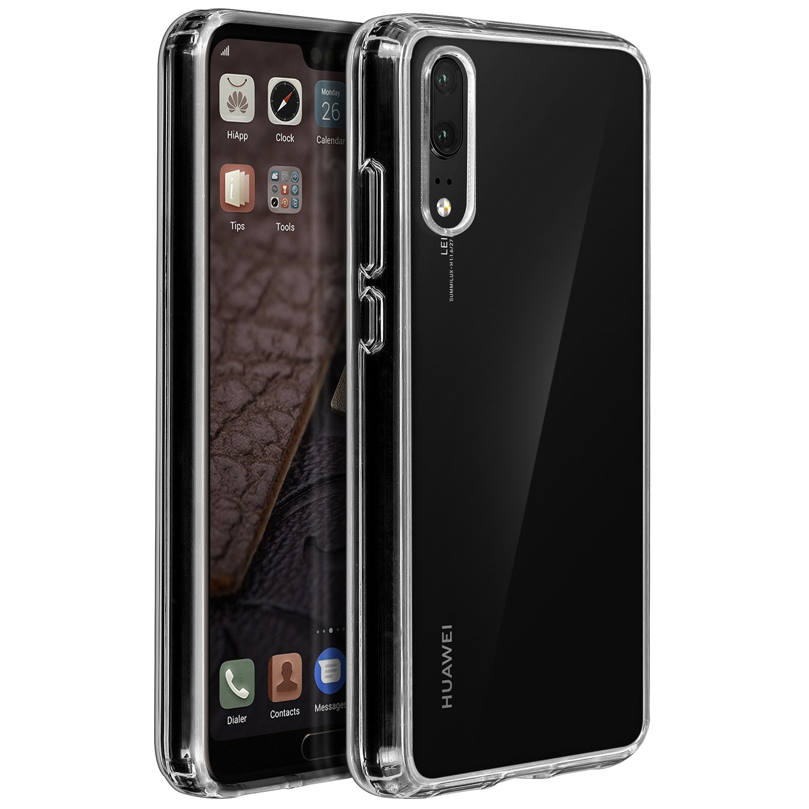 Telefono in una custodia trasparente, con icone delle app sullo schermo. Sfondo sfocato.