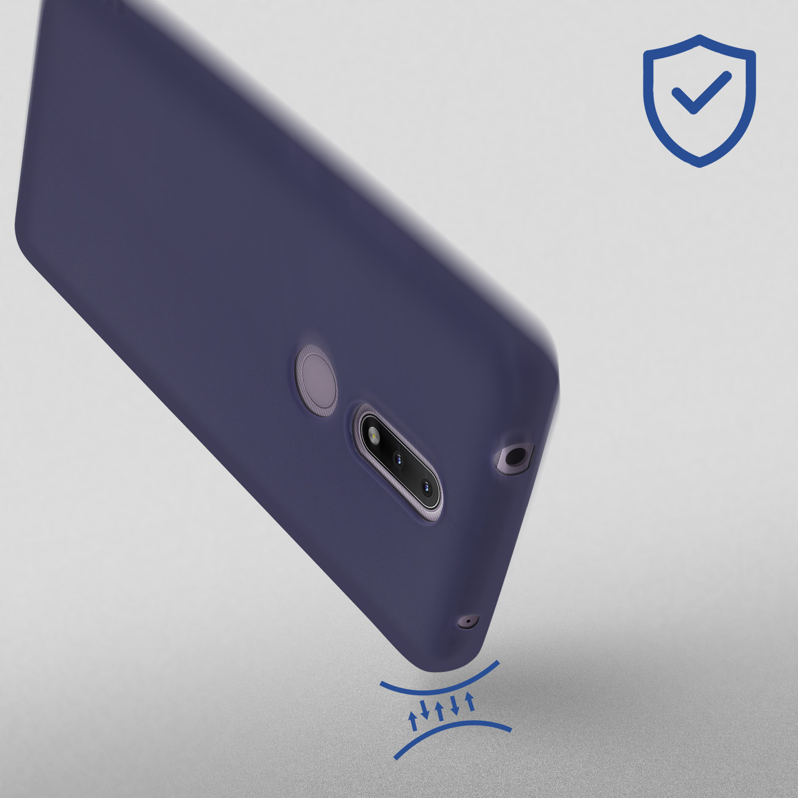 Custodia blu per telefono con fotocamera e simbolo. Sfondo bianco.