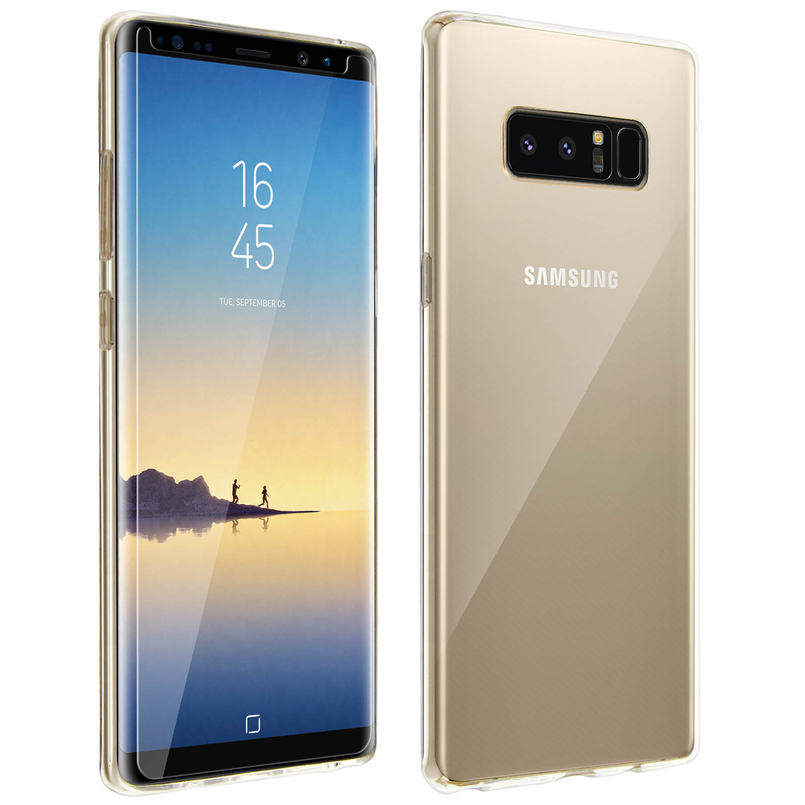 Telefono Samsung con custodia trasparente. Il davanti mostra l'ora. Il retro è dorato.