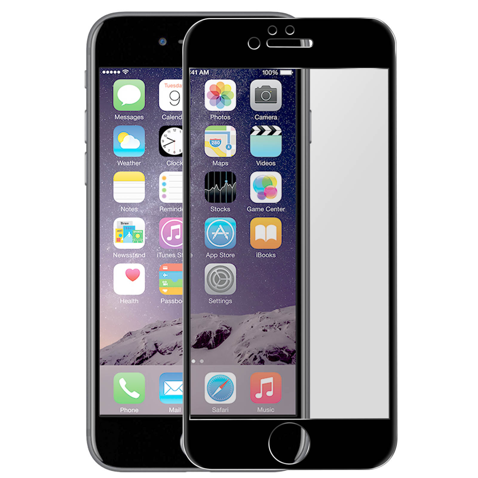 Dos iPhones con protectores de pantalla. Las pantallas muestran la pantalla de inicio de iOS con iconos de aplicaciones.