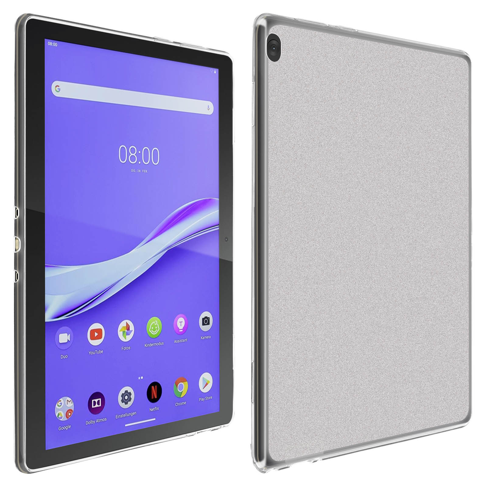 Ein Tablet mit Displayschutz. Der Tablet-Bildschirm zeigt die Uhrzeit und Symbole.