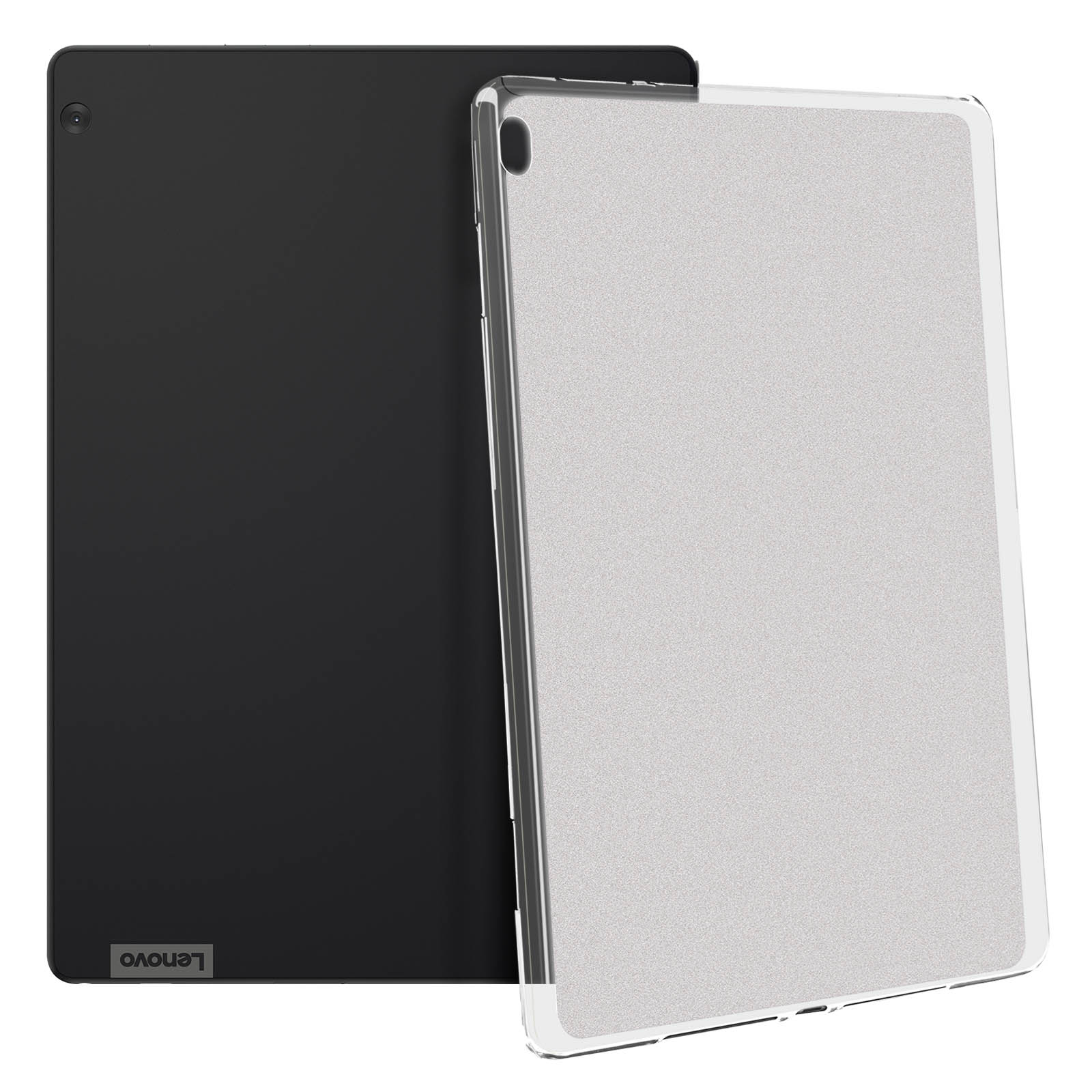 Schwarzes Lenovo-Tablet mit klarer Hülle. Die Hülle ist rechts.