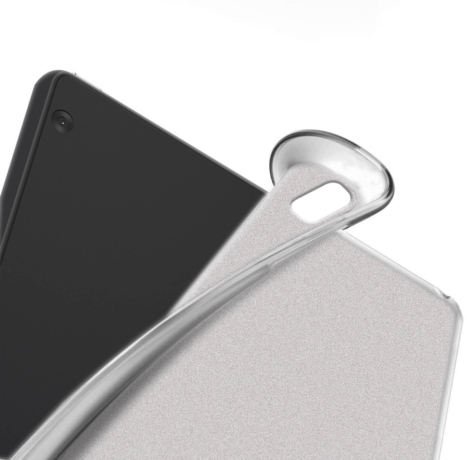 Ein schwarzes Tablet und eine transparente Hülle, die Hülle scheint auf das Tablet zu gleiten.