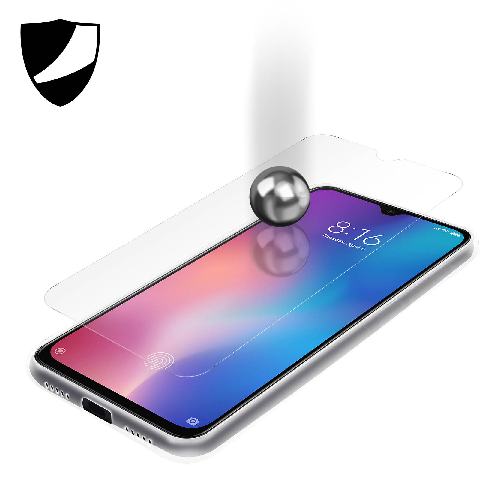 Telefono con protezione schermo, con una sfera metallica che cade verso lo schermo.