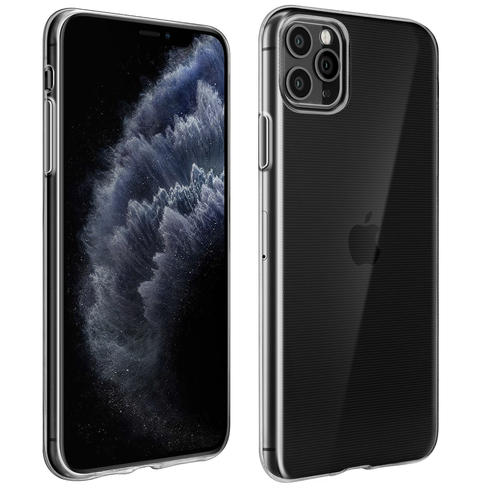 Telefono in custodia trasparente. Due immagini, una laterale, l'altra frontale. Custodia trasparente con cornice nera. Logo Apple.