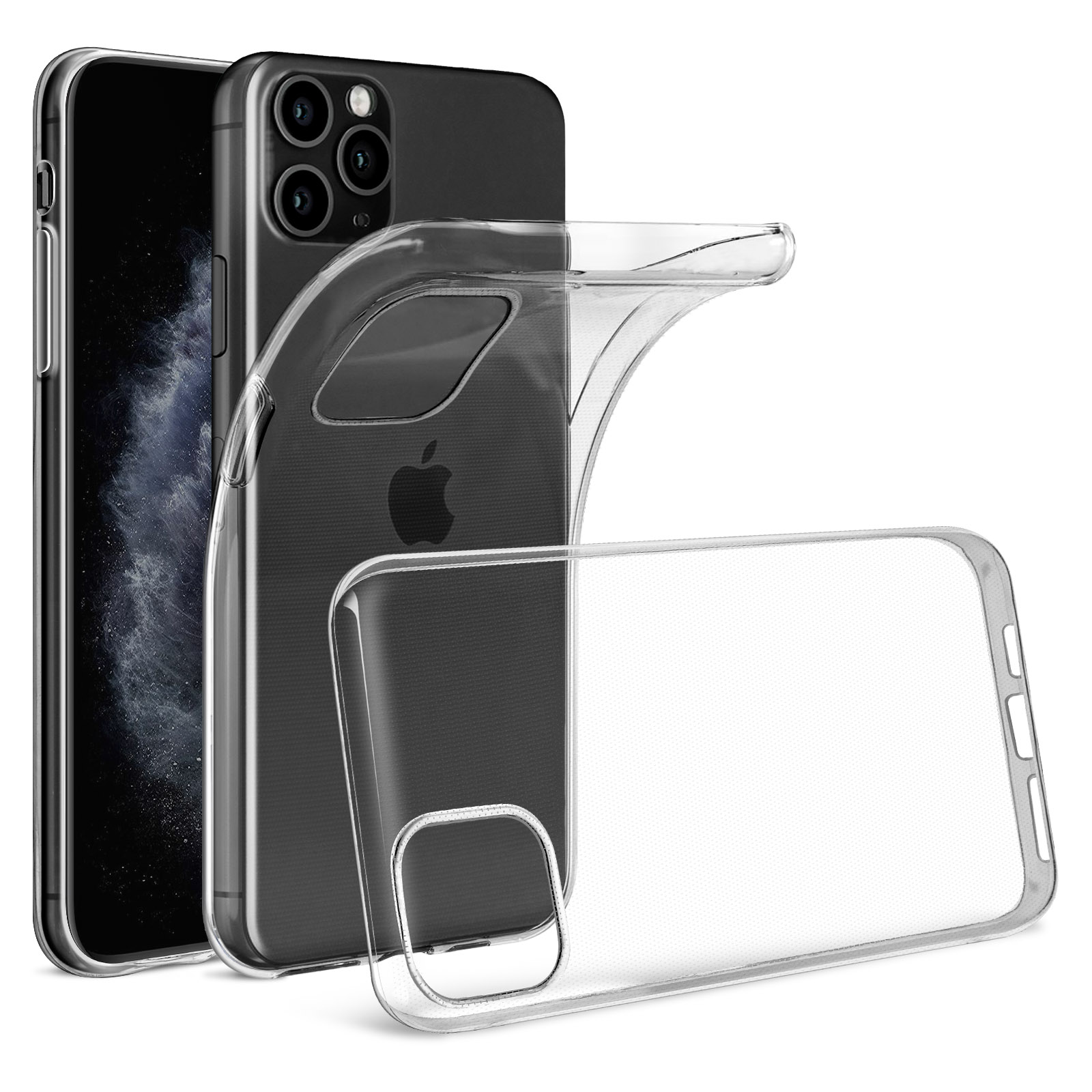 Tre telefoni, due neri e una custodia trasparente. Un telefono nero nella custodia, un altro accanto.
