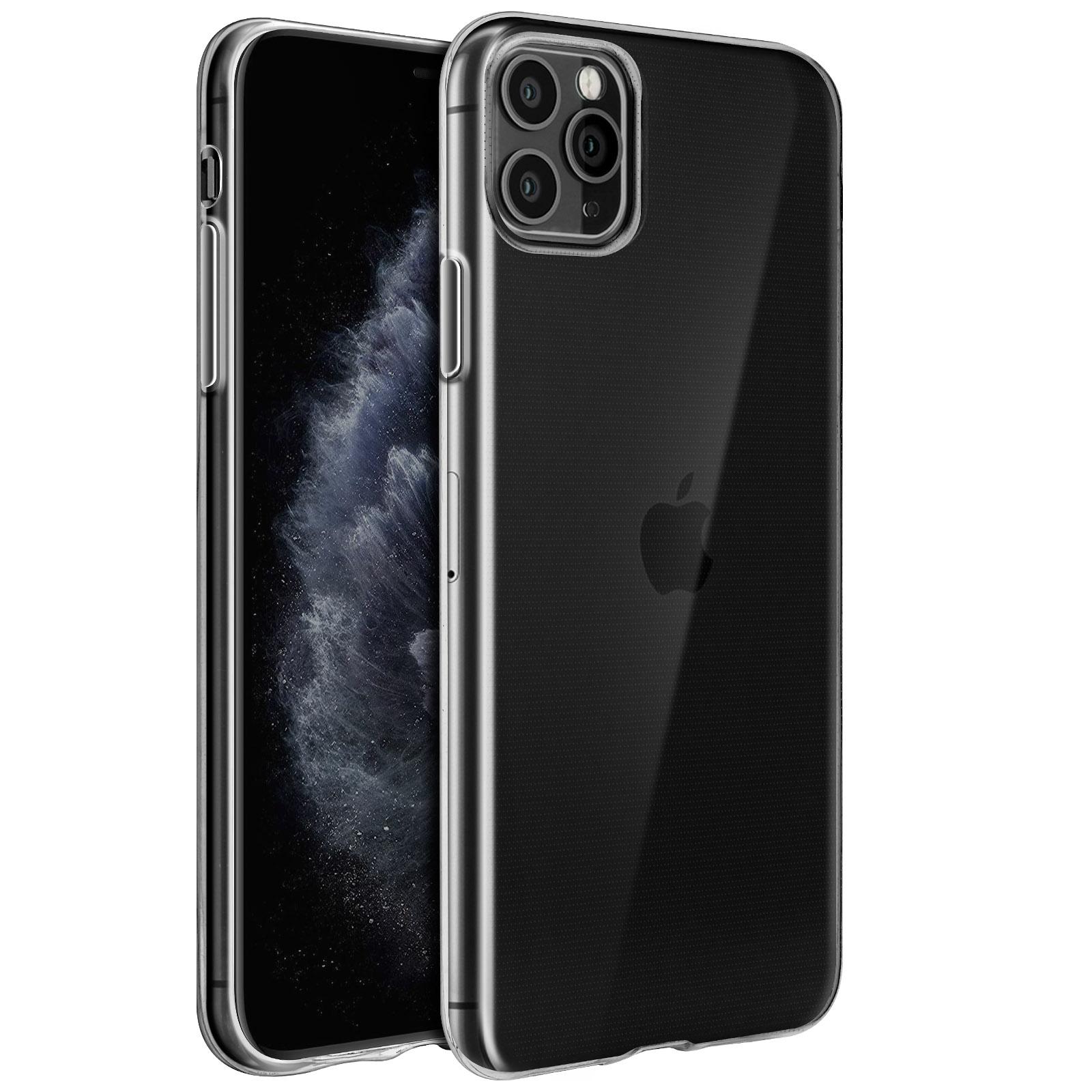 Custodia trasparente per telefono su un telefono. Mostra un logo Apple e la fotocamera del telefono.