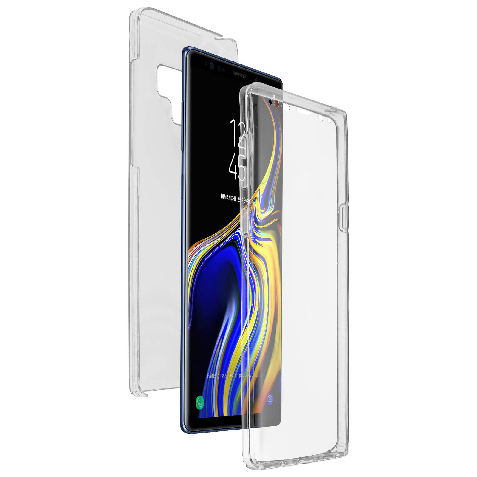 Smartphone in una custodia trasparente con protezione schermo.