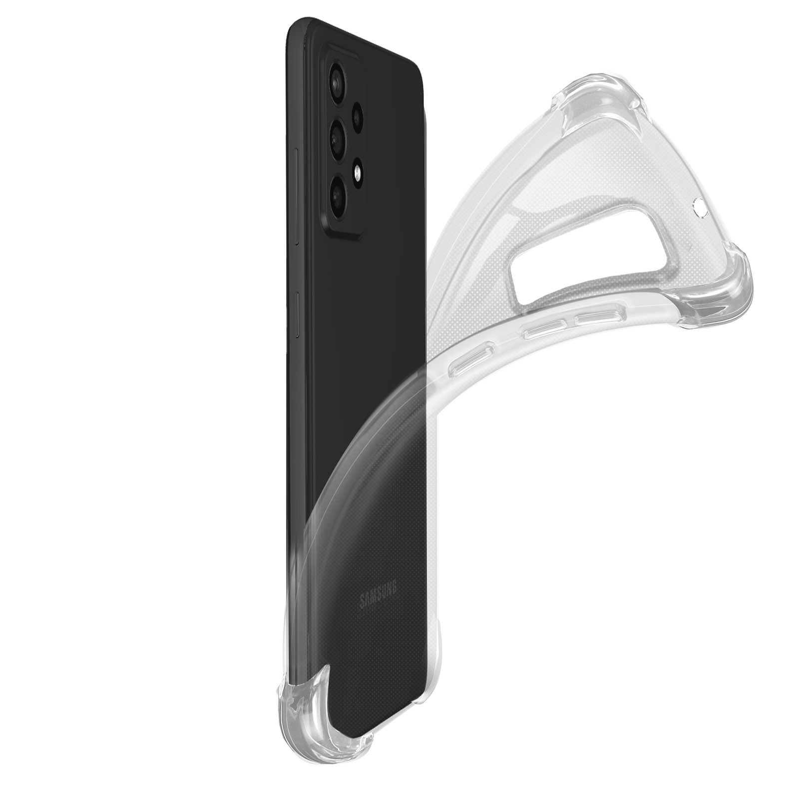 Un telefono nero in una custodia protettiva trasparente è mostrato su sfondo bianco.
