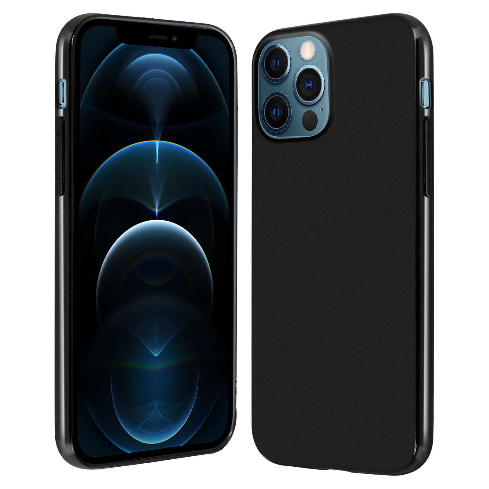 Telefono nero con cover posteriore, che mostra la parte anteriore e posteriore. Lo schermo è acceso.