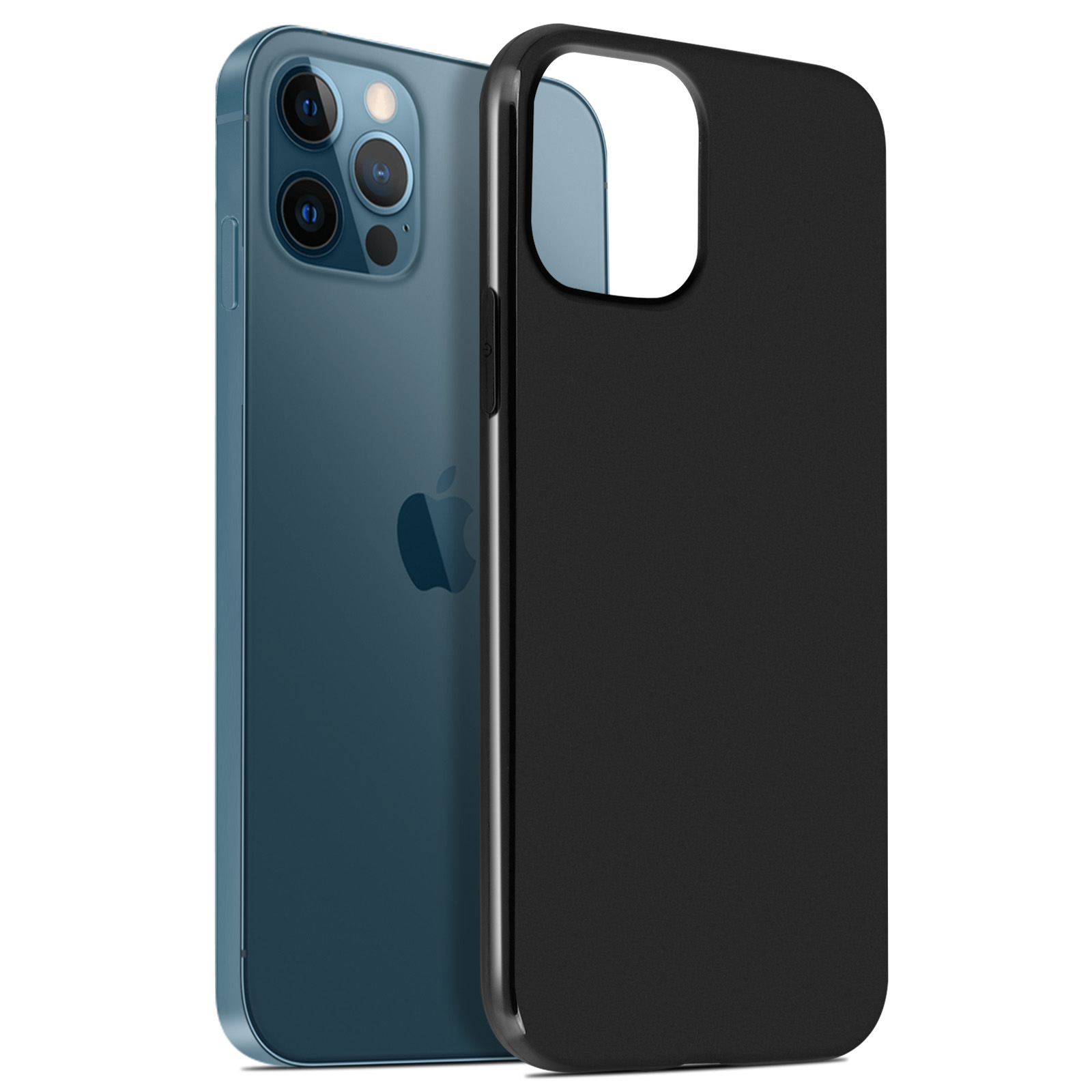 iPhone 12 blu accanto a una custodia nera. La custodia ha un ritaglio per la fotocamera.