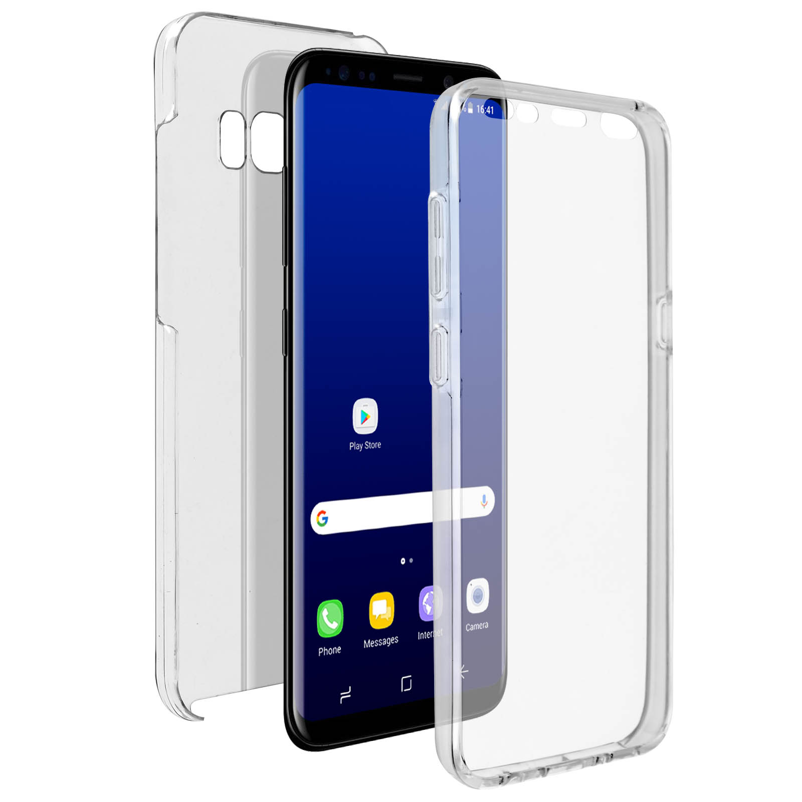 Teléfono con funda transparente. El teléfono es negro con la app Play Store. Fondo blanco.