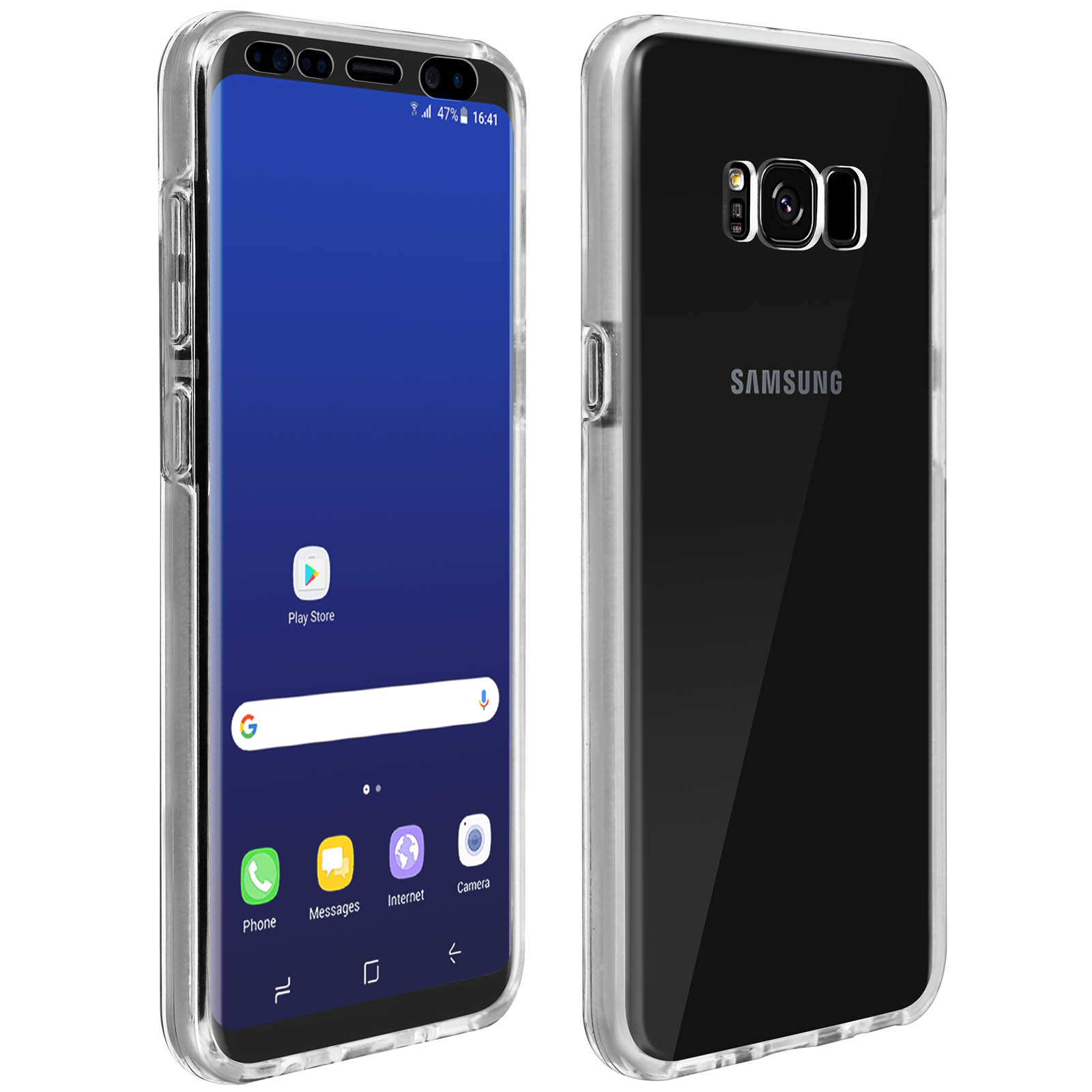 Dos teléfonos en fundas transparentes, uno junto al otro. Uno muestra la pantalla. El otro es negro.