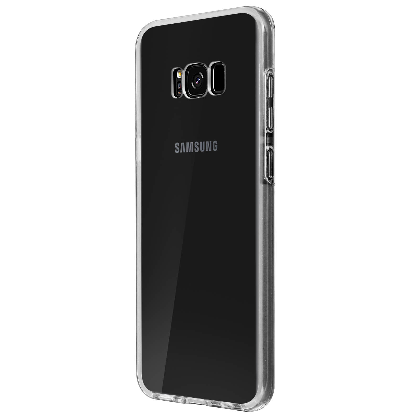 Funda transparente en teléfono negro. El logotipo de Samsung es visible.