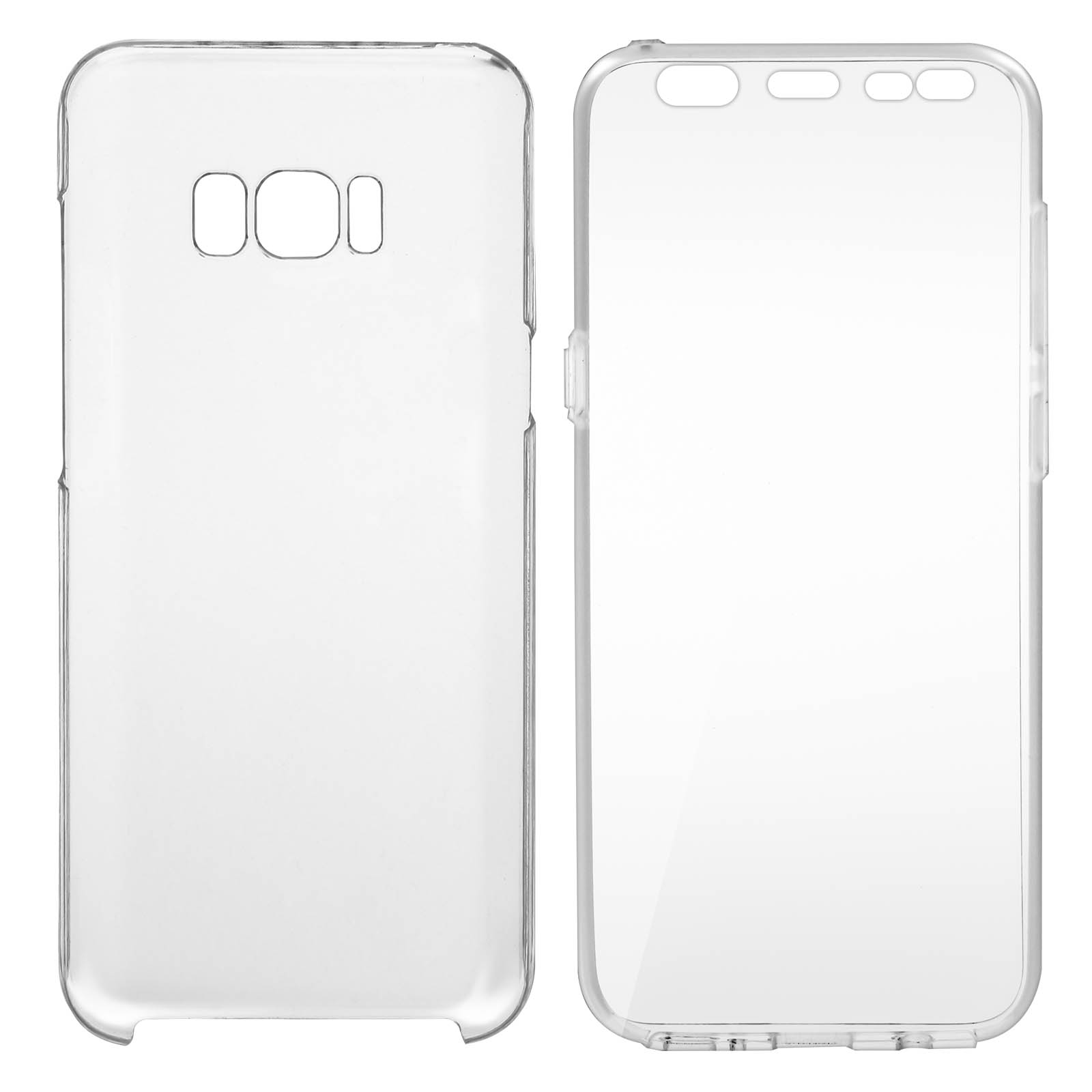 Dos fundas transparentes para teléfono, una abierta, mostrando la estructura interna.