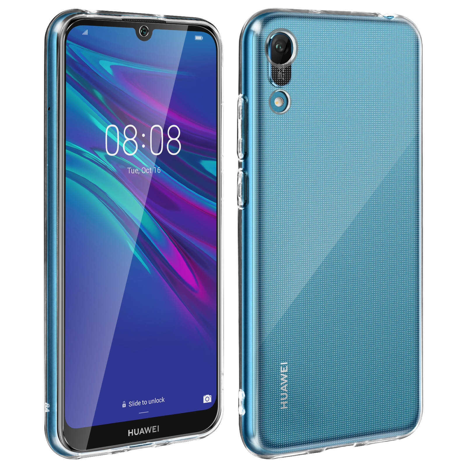 Smartphone con custodia. Il telefono mostra uno schermo blu. La custodia è trasparente.