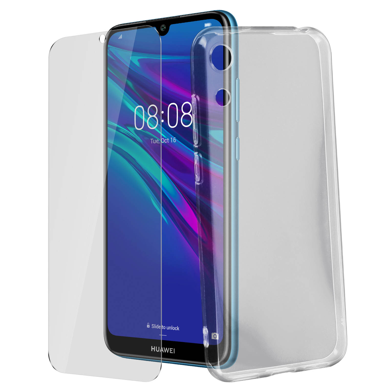 Telefono blu con protezione schermo e custodia trasparenti. Lo schermo mostra l'ora e la data.