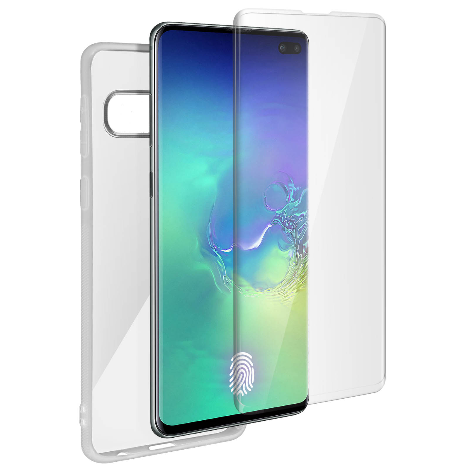 Un telefono con una protezione per lo schermo. Il sensore di impronte digitali è visibile.