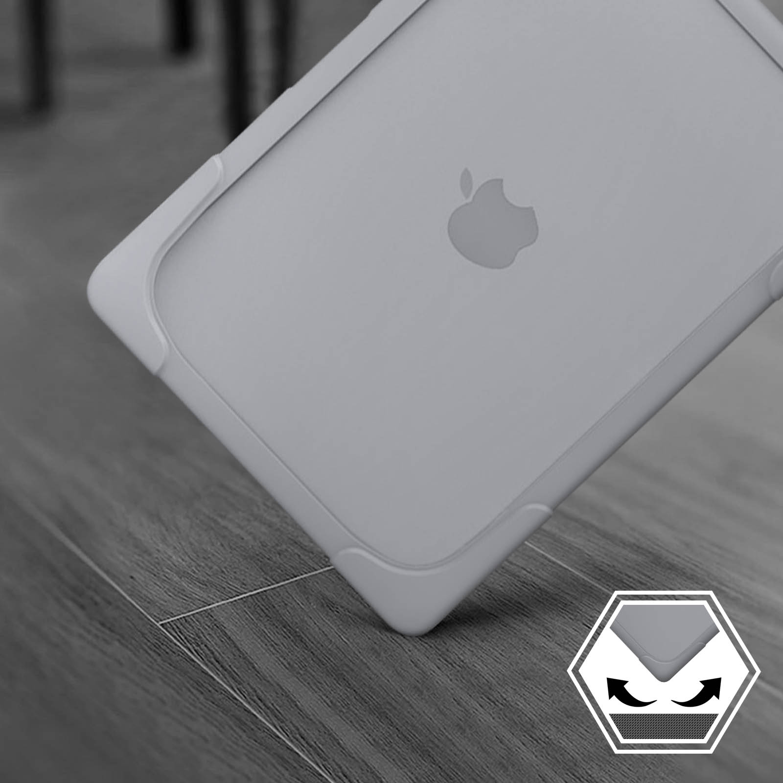 Nahaufnahme eines weißen Tablets mit Apple-Logo auf einem Holzboden.