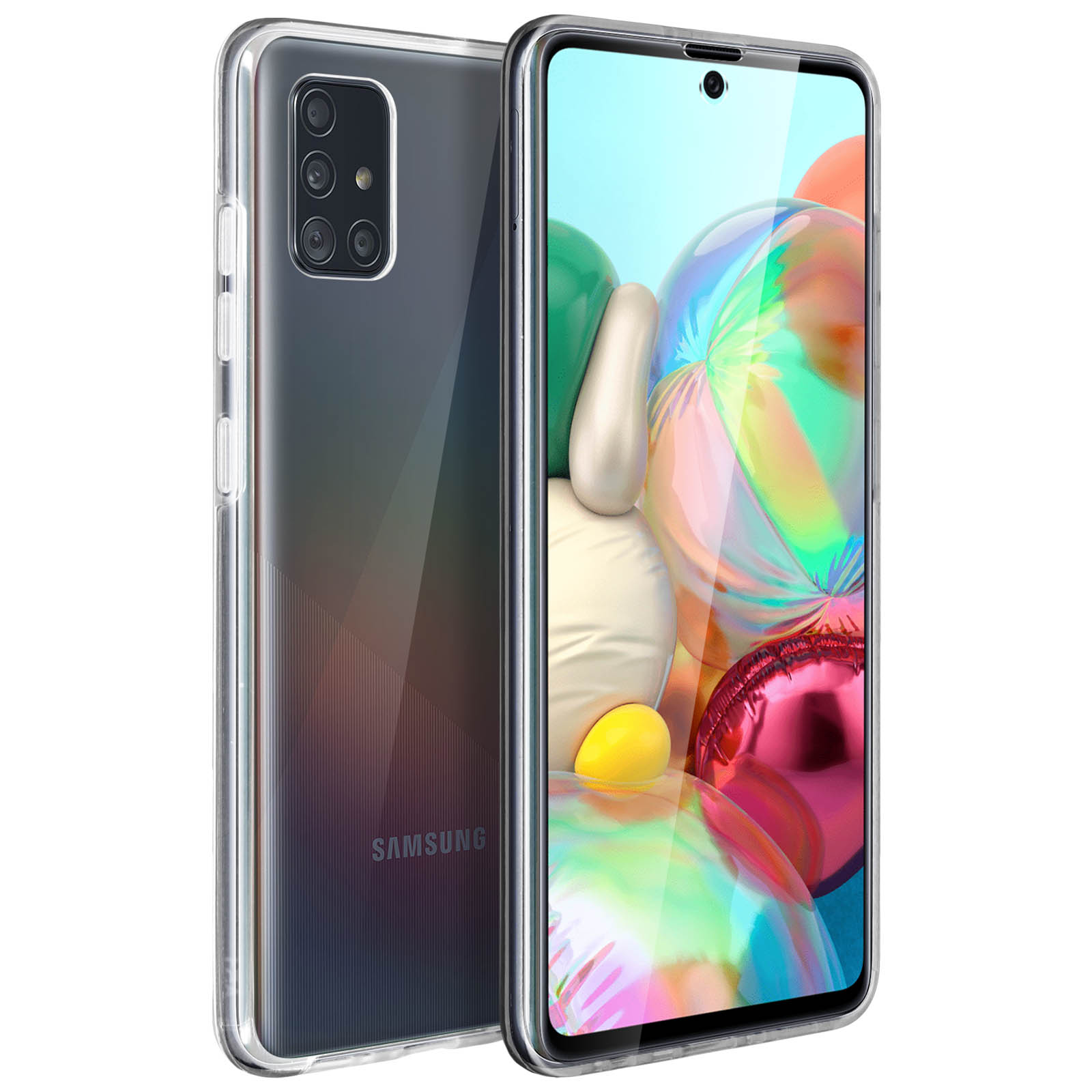 Une coque de téléphone transparente sur un téléphone avec le logo Samsung, montrant l'arrière.