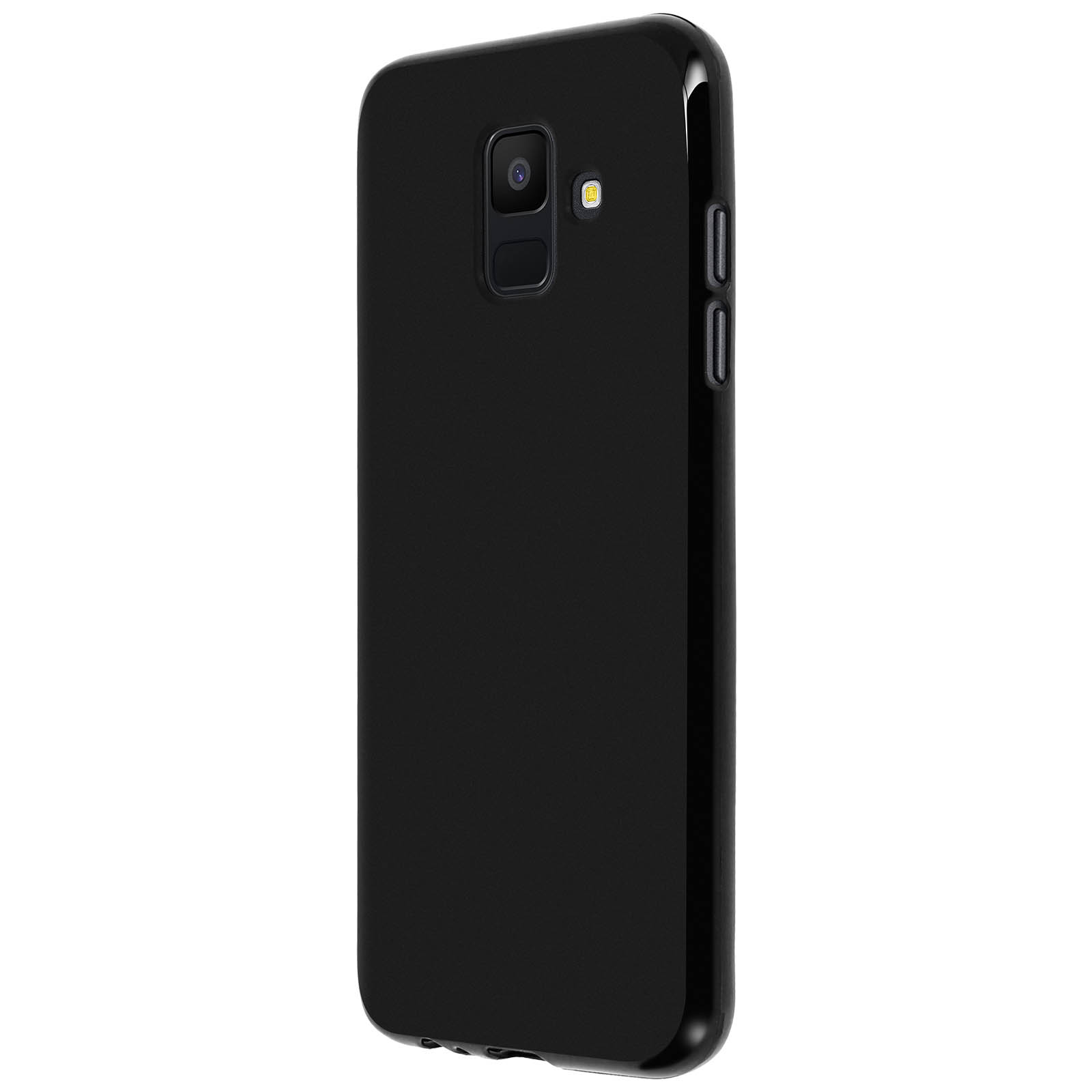 Custodia per telefono nera con ritaglio per fotocamera e flash, su sfondo bianco.