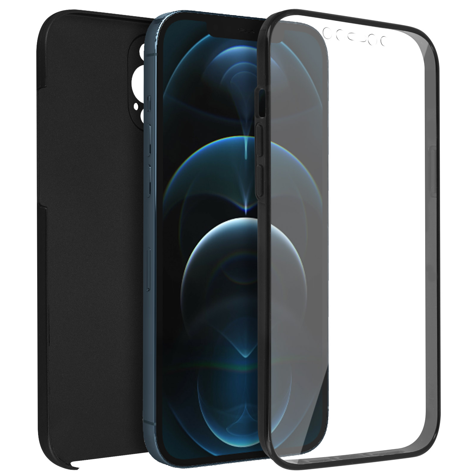 Een telefoon met de hoes en schermbeschermer apart. Een zwarte case staat ernaast.
