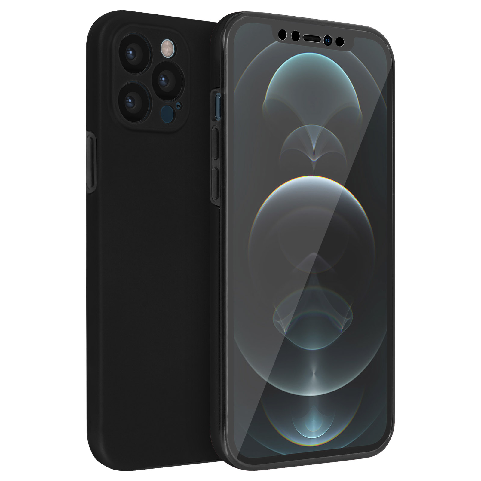 Zwarte telefoon met een zwarte hoes, de telefoon heeft meerdere camera's aan de achterkant.