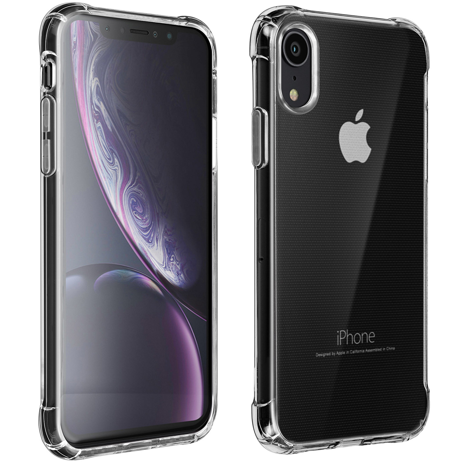 Due telefoni con custodie trasparenti. Uno mostra lo schermo, l'altro il retro con il logo Apple.