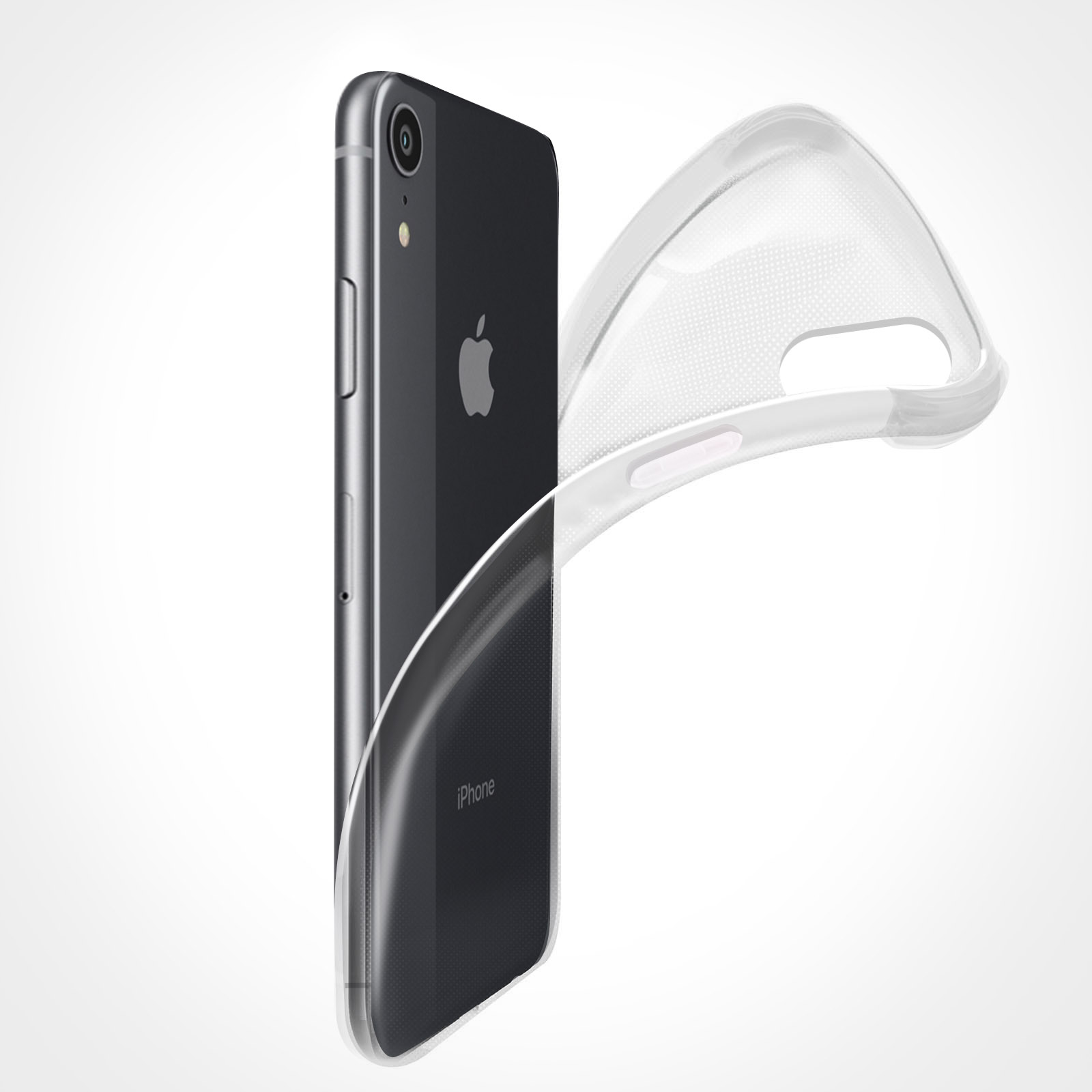Telefono nero con custodia trasparente. Sfondo bianco. Logo Apple argentato.