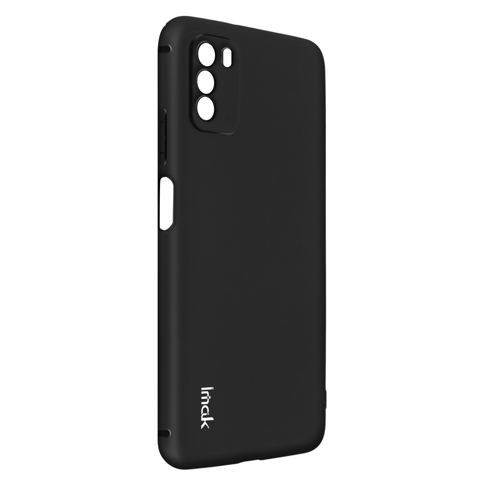 Una custodia per telefono nera con un ritaglio per la fotocamera e un logo, isolata.