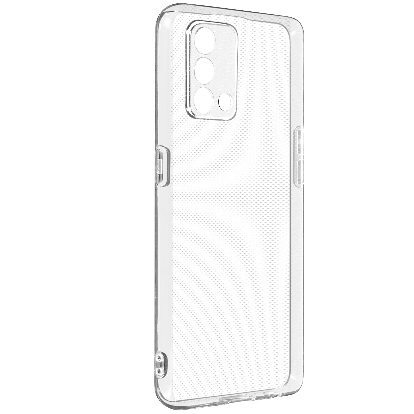 Una custodia trasparente per telefono con ritaglio per tripla fotocamera, con trama a punti, su sfondo bianco.