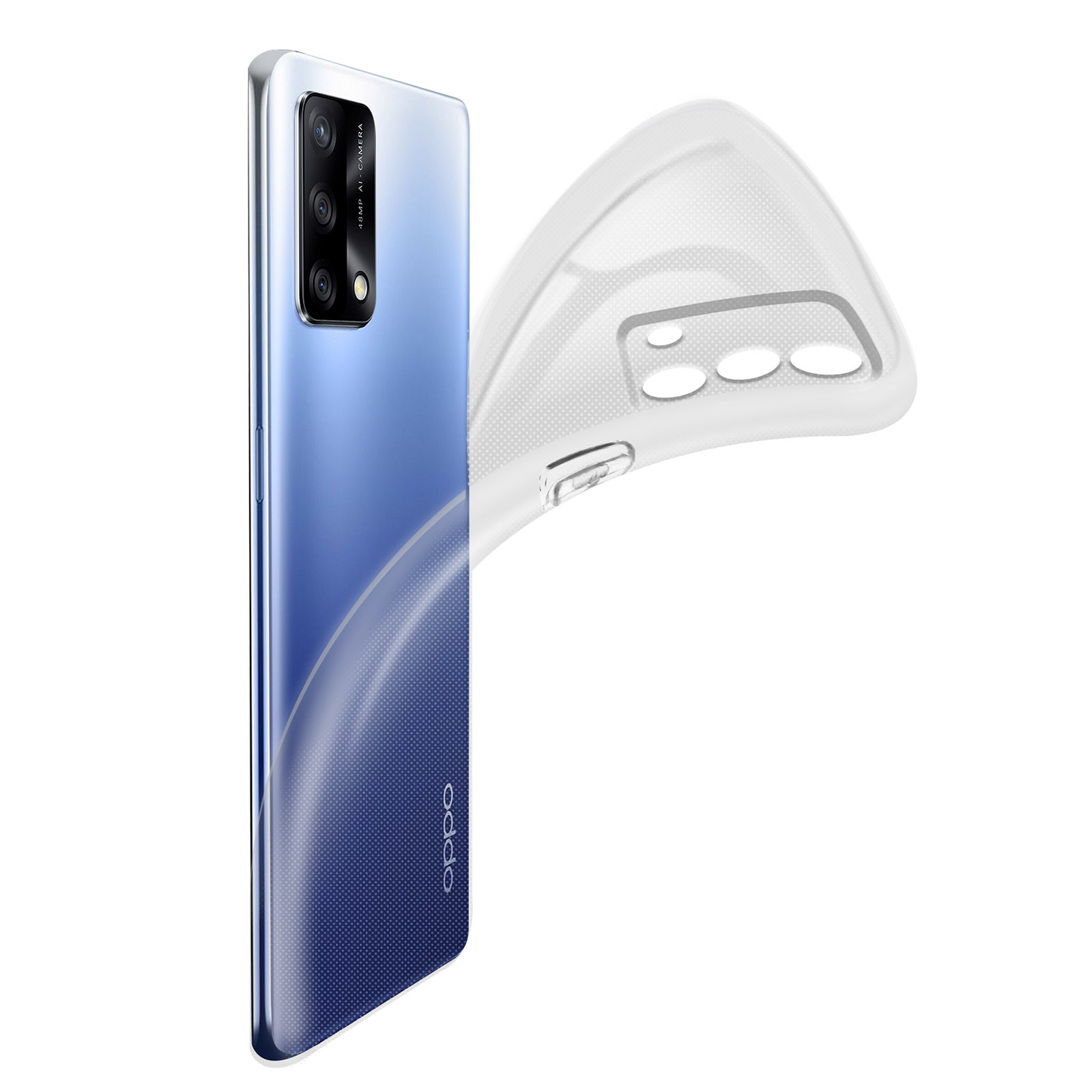 Un telefono con una custodia trasparente. Il retro del telefono ha un design sfumato. La custodia è parzialmente visibile.