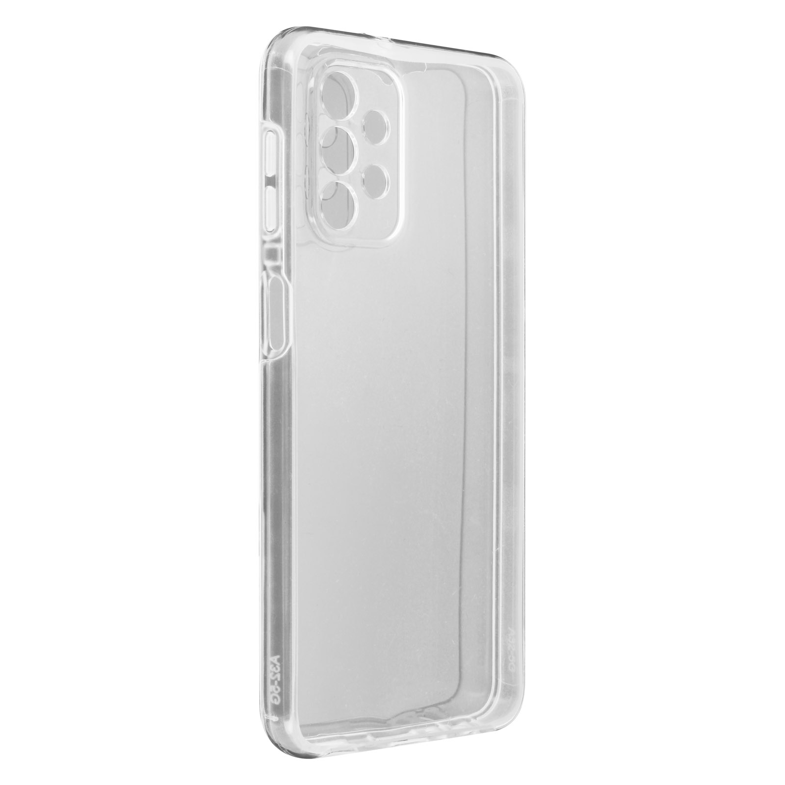Un étui de téléphone transparent. Il est transparent avec des découpes pour la caméra.