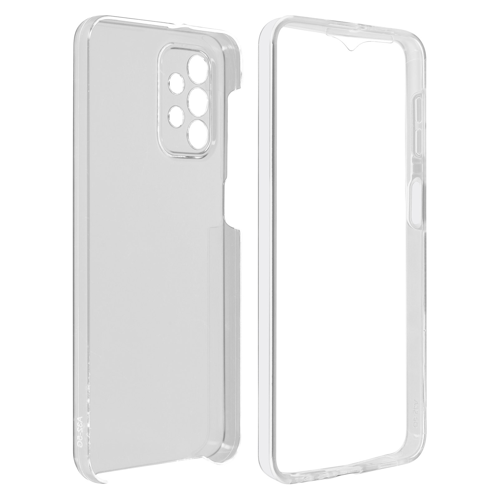 Coque de téléphone transparente et ses parties. Fond blanc. L'étui a une découpe pour la caméra.