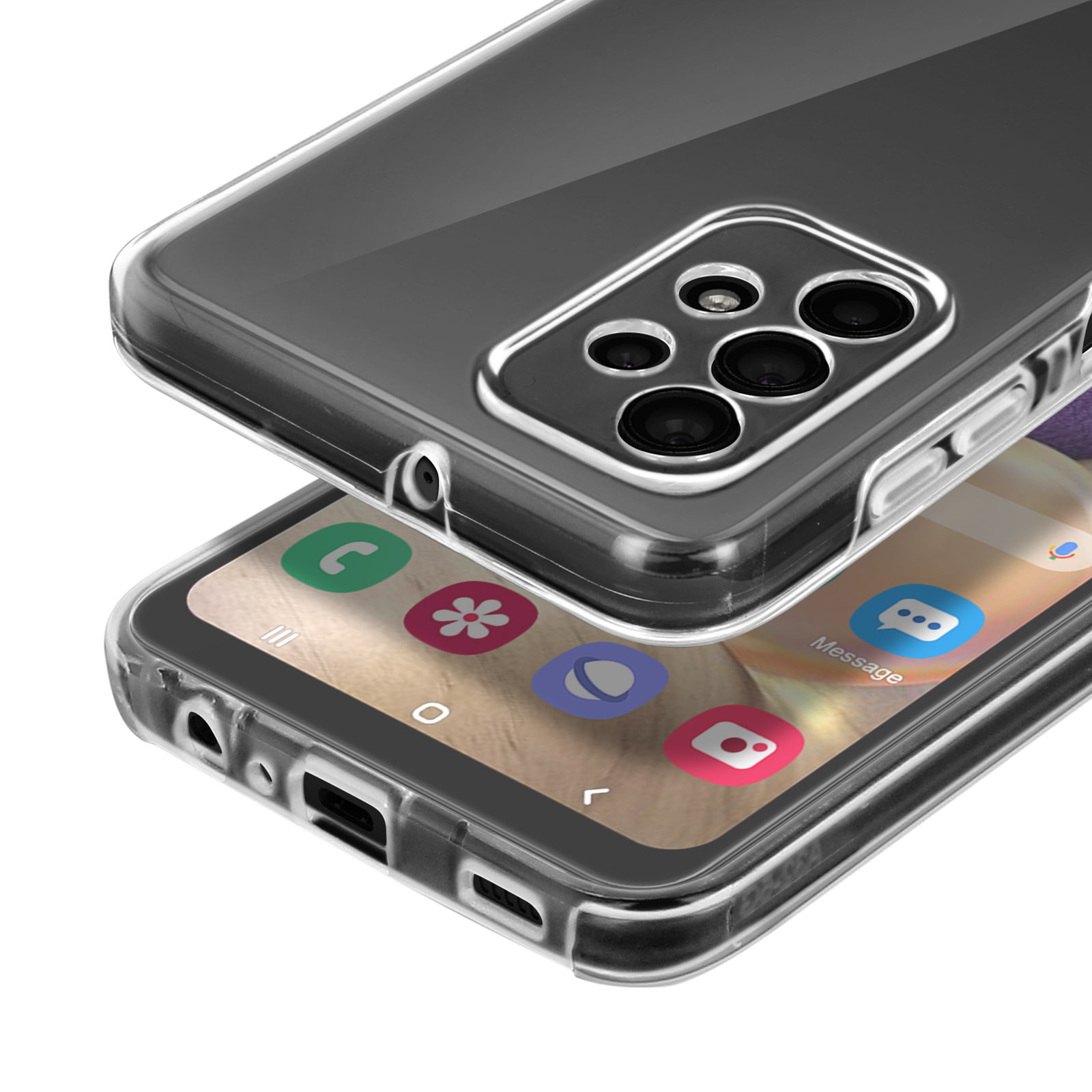 Téléphone dans un étui transparent ; vue de dessus avec l'écran et l'étui visibles.