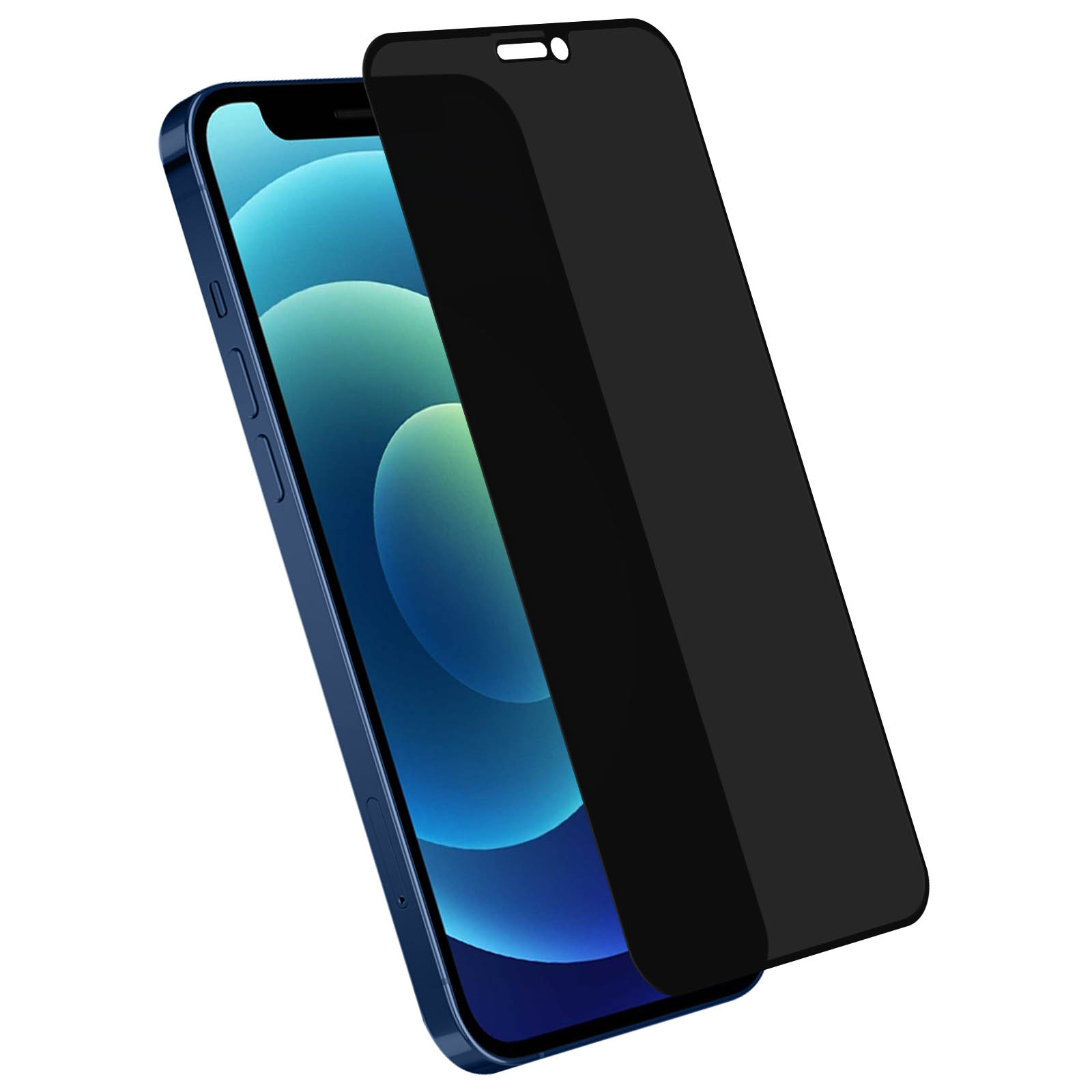 Un iPhone blu con una protezione schermo nera. La protezione copre parzialmente lo schermo.