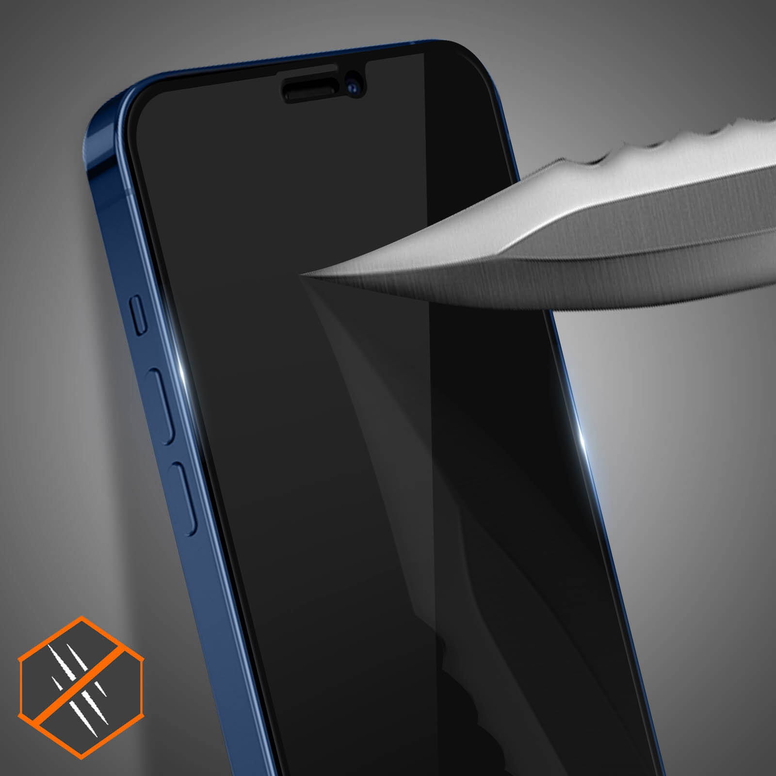 Un telefono blu con schermo nero viene testato per la resistenza ai graffi con un coltello d'argento. Lo sfondo è grigio.