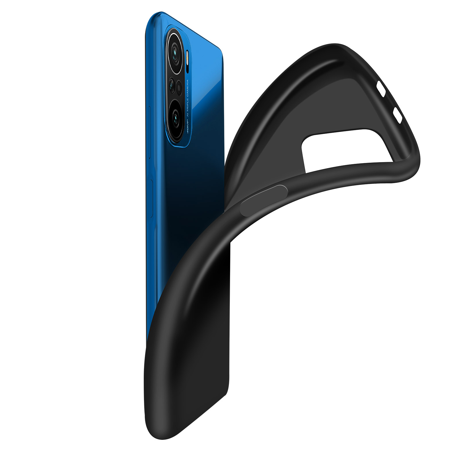 Un telefono blu con una custodia nera. La custodia è parzialmente staccata di lato.