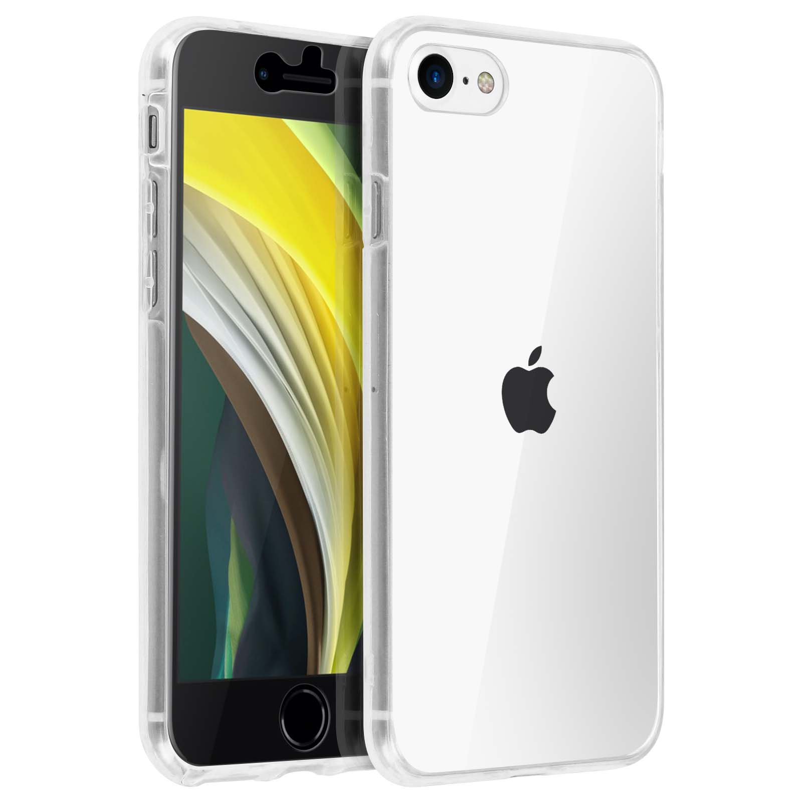 iPhone con custodia trasparente. Il telefono è bianco, con schermo nero e logo Apple visibile.
