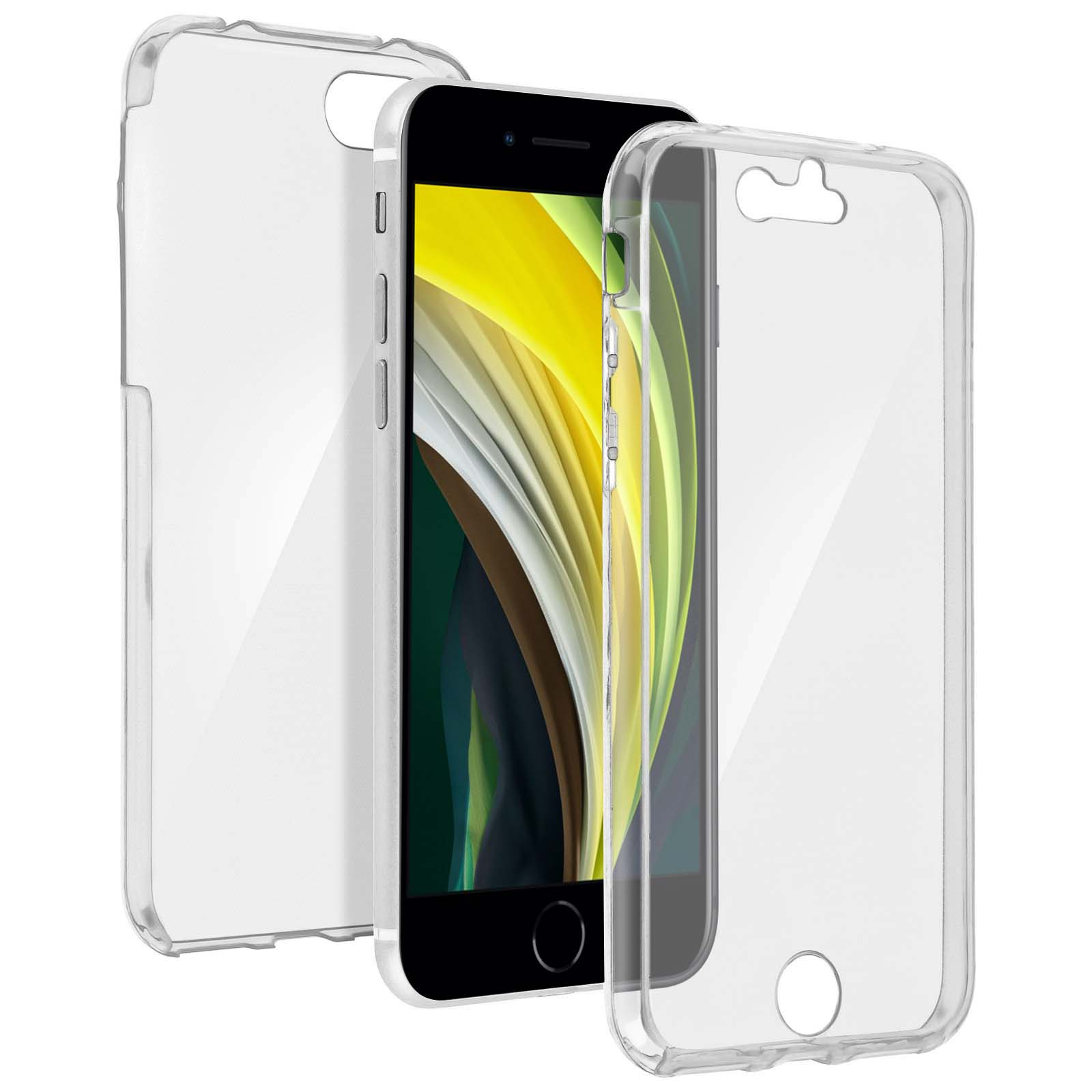 iPhone in custodia trasparente. La custodia trasparente è in tre parti. Il telefono è giallo e nero.