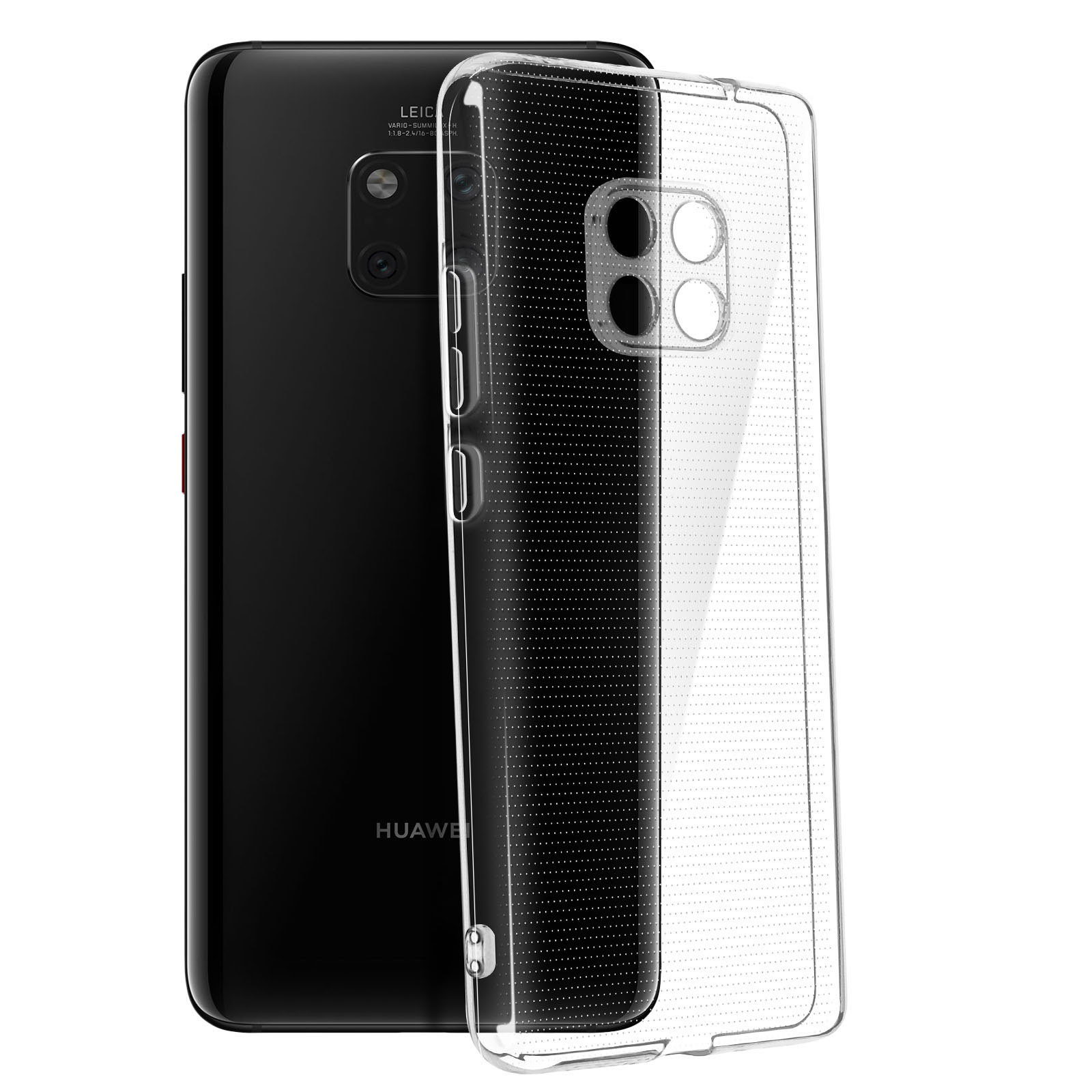 Un telefono nero e una custodia trasparente.