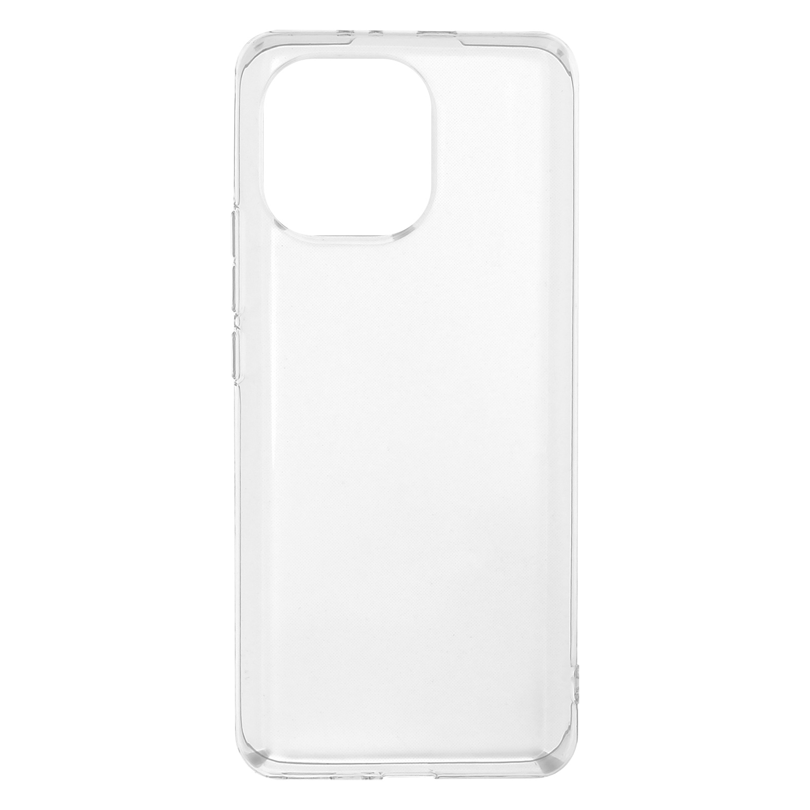 Custodia trasparente per telefono, che mostra l'intaglio della fotocamera e i pulsanti laterali. È un design semplice.