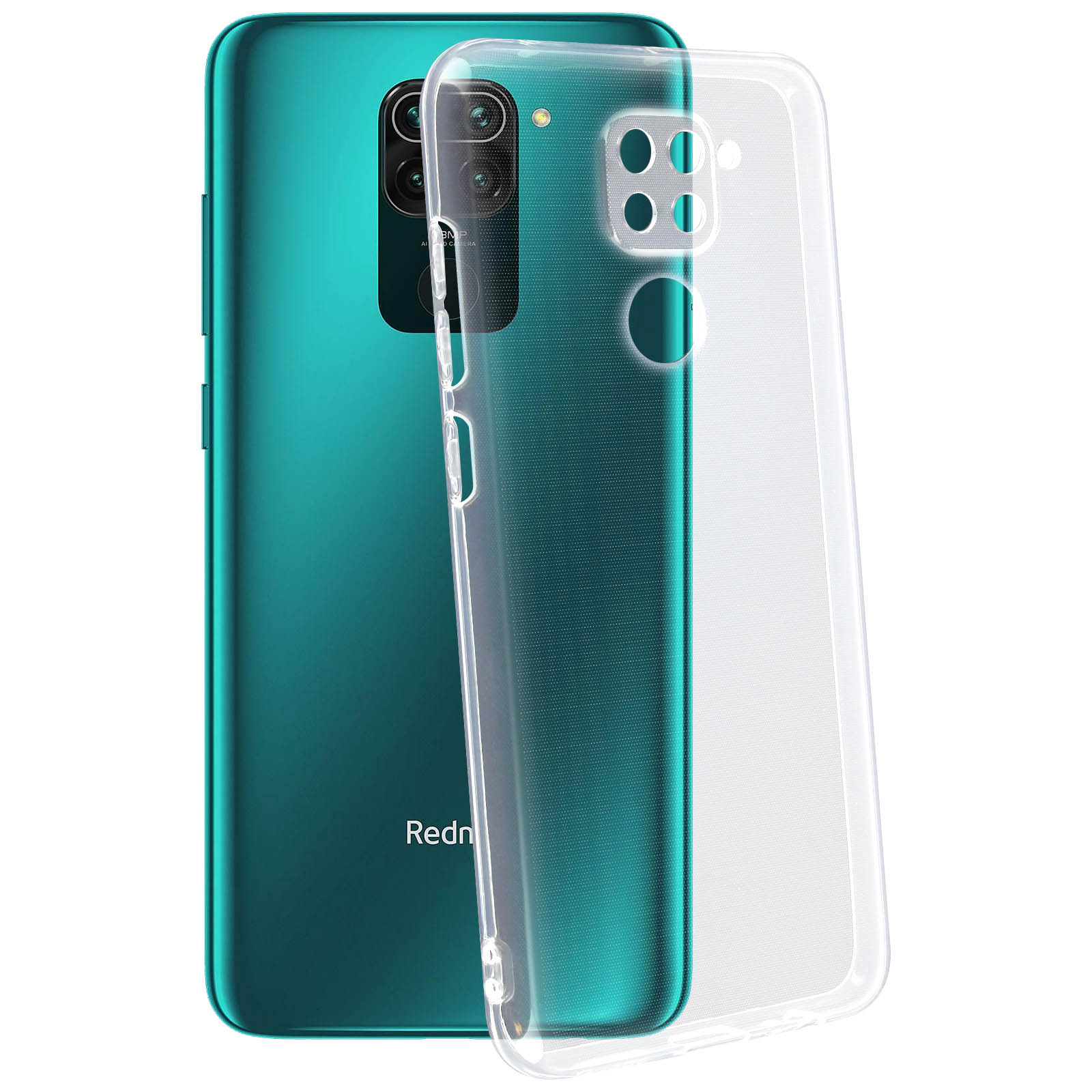 Een blauwgroene telefoon en een doorzichtige hoes op een wit oppervlak.