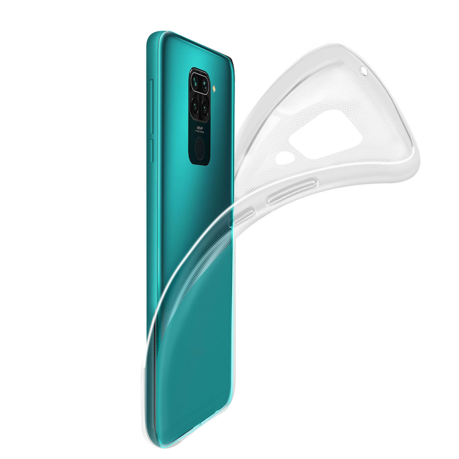 Téléphone sarcelle avec coque transparente. Le téléphone est à l'intérieur de la coque. Fond blanc. Téléphone sarcelle.