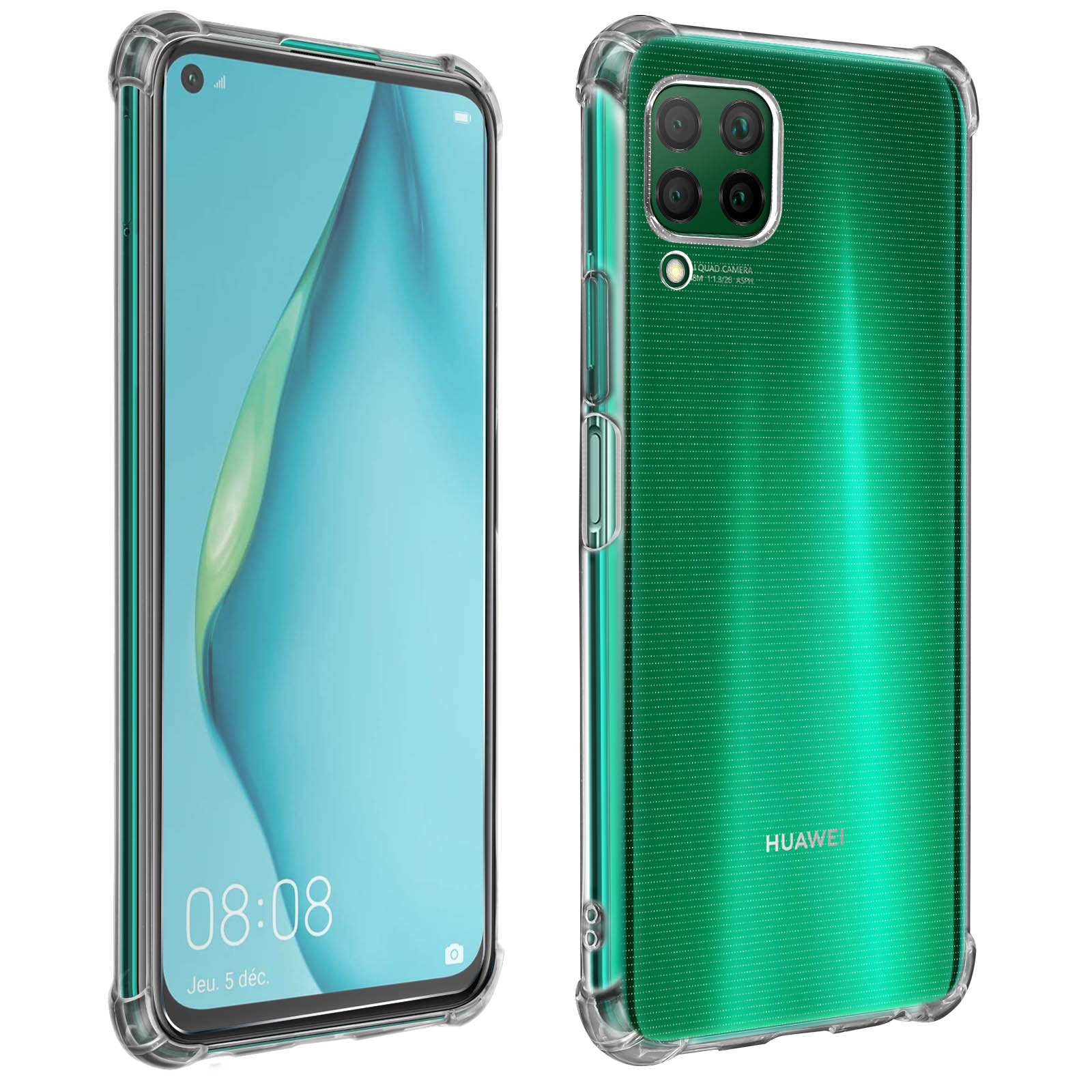 Telefono verde con custodia trasparente, vista frontale e posteriore, sfondo bianco.